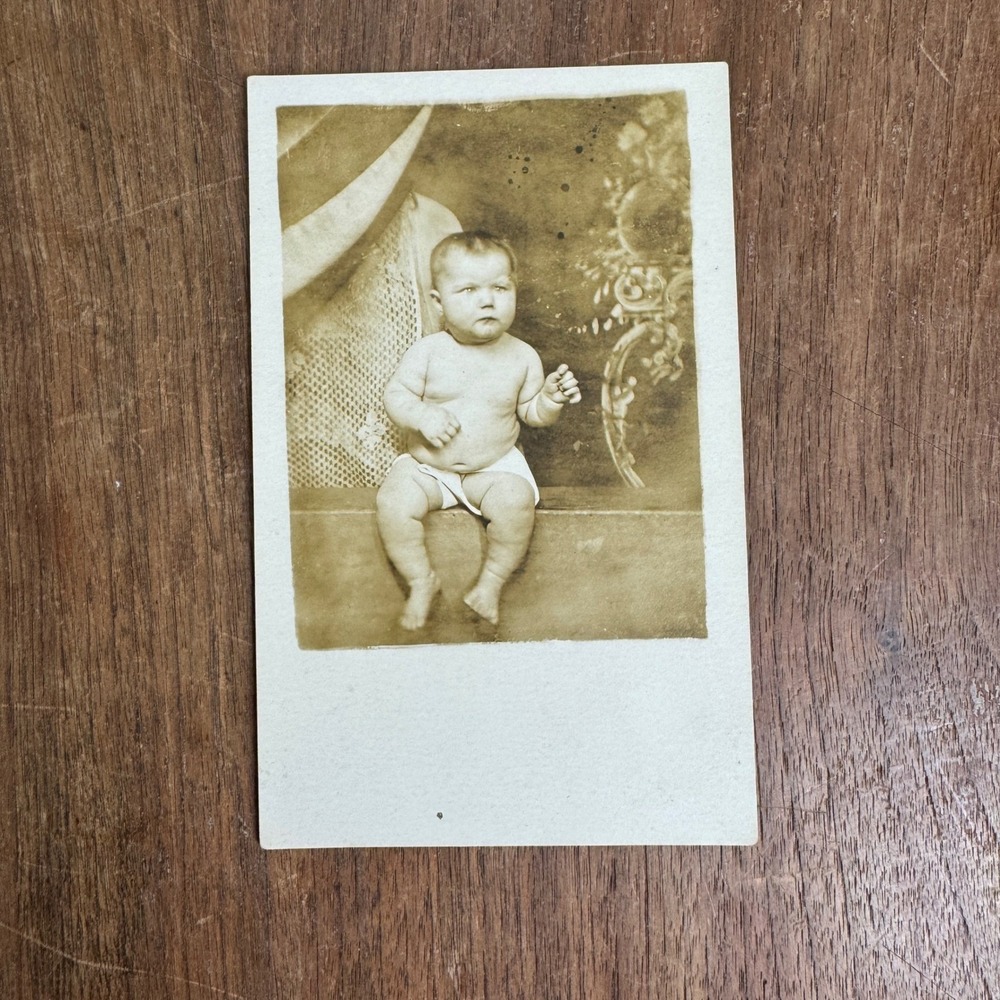 Antique Posed‎ Portrait of Infant Baby Girl in Diaper on postcard Ledbetter